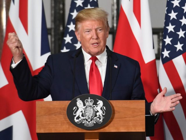 US President Donald Trump speaks during a joint press conference with Britain's Prime Mini