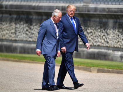 US President Donald Trump (R) is greeted by Prince Charles, Prince of Wales at Buckingham Palace on June 3, 2019 in London, England. President Trump's three-day state visit will include lunch with the Queen, and a State Banquet at Buckingham Palace, as well as business meetings with the Prime Minister …