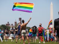 WASHINGTON, DC - JUNE 11: A demonstrator waves a rainbow flag on the National Mall during the Equality March for Unity and Peace on June 11, 2017 in Washington, D.C. Thousands around the country participated in marches for the LGBTQ communities, the central march taking place in Washington. (Photo by …
