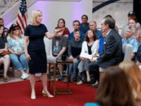 Democratic presidential candidate Sen. Kirsten Gillibrand speaks with FOX News Anchor Chris Wallace, right, during a FOX News town hall, June 2, 2019, in Dubuque, Iowa.