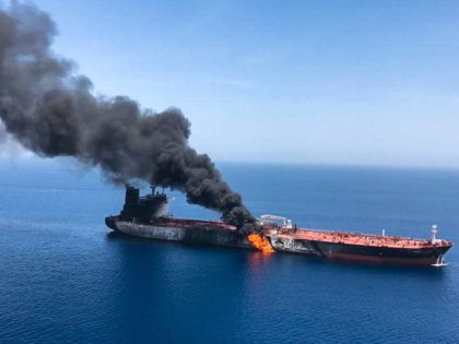 An oil tanker is on fire in the sea of Oman, Thursday, June 13, 2019. Two oil tankers near the strategic Strait of Hormuz were reportedly attacked on Thursday, an assault that left one ablaze and adrift as sailors were evacuated from both vessels and the U.S. Navy rushed to …