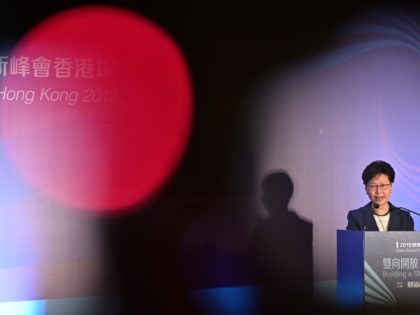 Hong Kong Chief Executive Carrie Lam speaks at the Caixin Summit in Hong Kong on June 10,