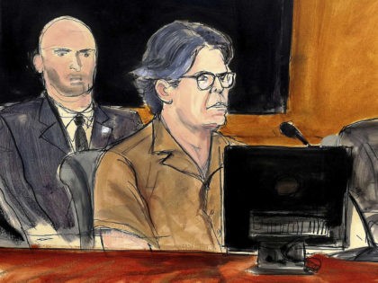 In this courtroom sketch Keith Raniere, second from right, leader of the secretive group NXIVM, attends a court hearing Friday, April 13, 2018, in the Brooklyn borough of New York. In March federal authorities raided an upstate New York residence connected to the group and Raniere, who is accused of …