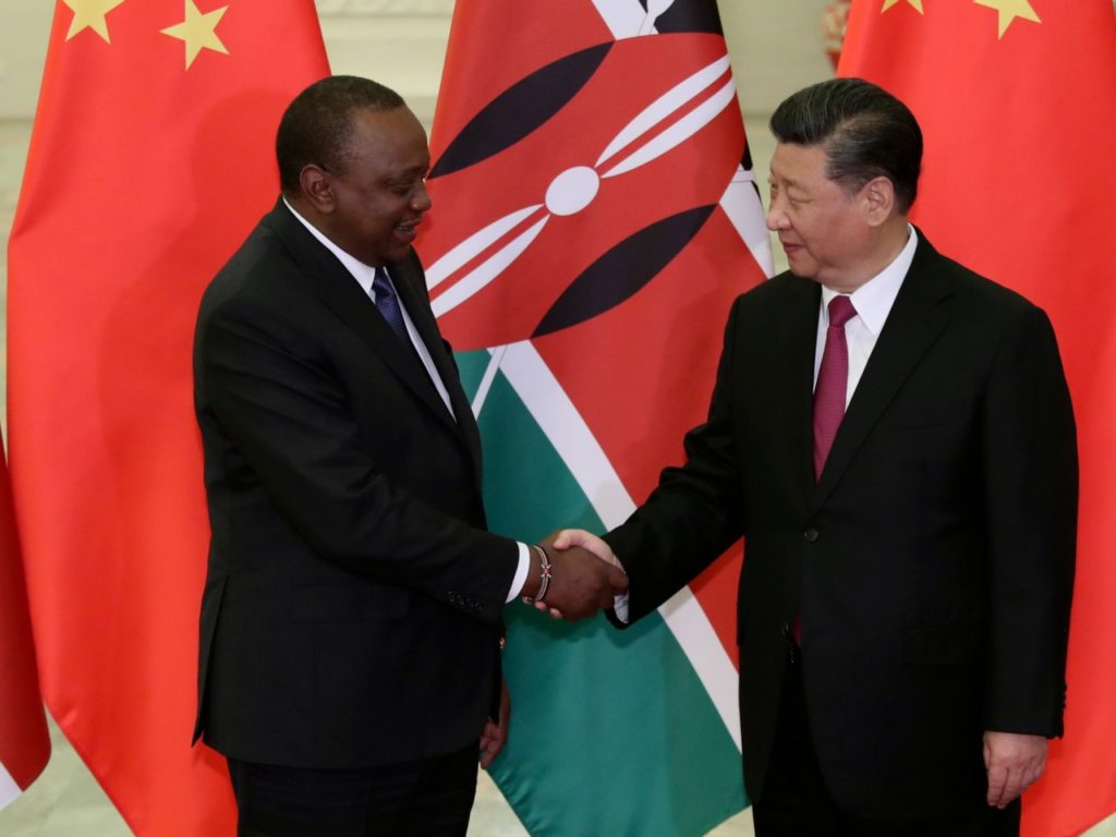 BEIJING, CHINA - APRIL 25: Kenyan President Uhuru Kenyatta, left, shakes hands with Chinese President Xi Jinping, right, before the meeting at the Great Hall of People in Beijing, China on April 25, 2019. (Photo by Kenzaburo Fukuhara/Kyodo News - Pool/Getty Images)