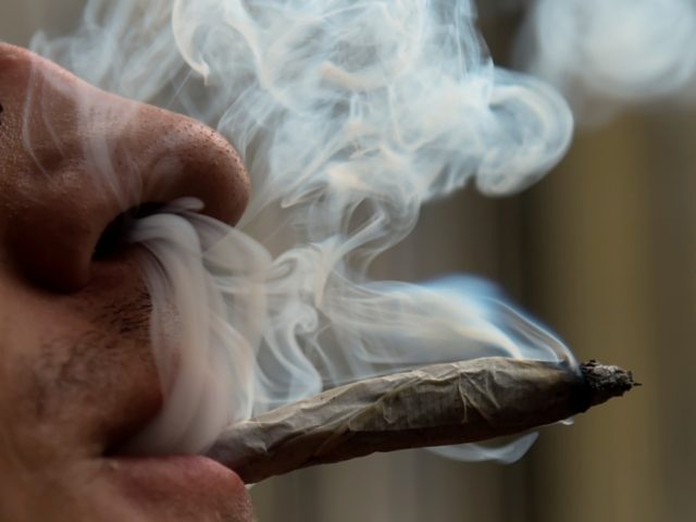 An activist smokes a joint during a protest against the prohibition of bearing a minimum dose of marijuana for consumption, in Bogota on September 6, 2018. - The government is preparing a decree that empowers the police to confiscate small quantities of drugs to consumers. (Photo by Raul ARBOLEDA / …