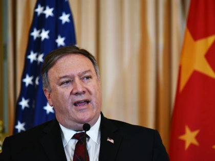 US Secretary of State Mike Pompeo speaks during a press conference with Chinese politburo member Yang Jiechi and Defense Minister Wei Fenghe during the US-China Diplomatic and Security Dialogue in the Benjamin Franklin Room of the State Department in Washington, DC on November 9, 2018. (Photo by MANDEL NGAN / …