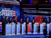 MIAMI, FLORIDA - JUNE 26: Democratic presidential candidates New York City Mayor Bill De Blasio (L-R), Rep. Tim Ryan (D-OH), former housing secretary Julian Castro, Sen. Cory Booker (D-NJ), Sen. Elizabeth Warren (D-MA), former Texas congressman Beto O'Rourke, Sen. Amy Klobuchar (D-MN), Rep. Tulsi Gabbard (D-HI), Washington Gov. Jay Inslee, …