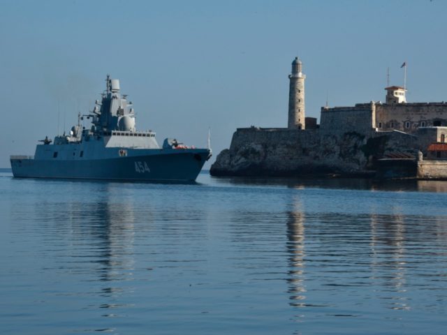 The Russian Federation Navy Admiral Gorshkov frigate arrives to Havana's port on June 24, 2019. - A Russian naval detachment, led by the frigate Admiral Gorshkov, arrived in Havana on Monday in times of high tension between the island and the United States. (Photo by ADALBERTO ROQUE / AFP) (Photo …