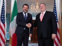 US Secretary of State Mike Pompeo (R) greets Italian Interior Minister Matteo Salvini prior to talks at the State Department in Washington, DC, on June 17, 2019. (Photo by NICHOLAS KAMM / AFP) (Photo credit should read NICHOLAS KAMM/AFP/Getty Images)