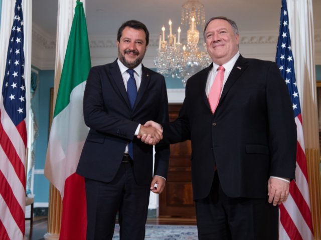 US Secretary of State Mike Pompeo (R) greets Italian Interior Minister Matteo Salvini prio