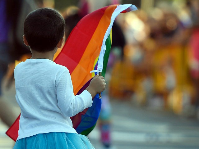 A child waves a rainbow flag during the WorldPride 2017 parade in Madrid on July 1, 2017.
