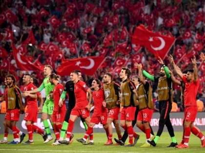 TOPSHOT - Turkey's team players celebrate at the end of the Euro 2020 football qualification match between Turkey and France at the Buyuksehir Belediyesi stadium in Konya, on June 8, 2019. (Photo by FRANCK FIFE / AFP) (Photo credit should read FRANCK FIFE/AFP/Getty Images)