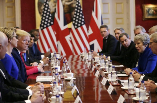 Britain Trump U.S President Donald Trump, center left, and British Prime Minister Theresa May, center right, attend a business roundtable event at St. James's Palace, London, Tuesday June 4, 2019. (AP Photo/Tim Ireland) The Associated Press