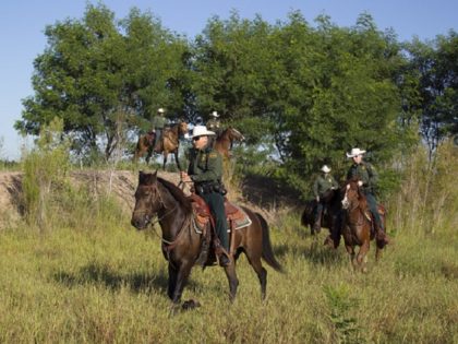 CBP, Border Patrol agents from the McAllen station horse patrol unit on patrol on horseback in South Texas. Photographer: Donna Burton