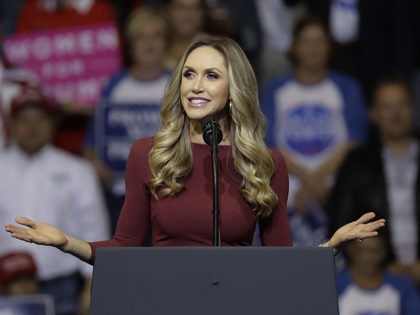 Lara Trump, during a campaign rally for his father-in-law, President Donald Trump, Monday, Oct. 22, 2018, in Houston. (AP Photo/Eric Gay)
