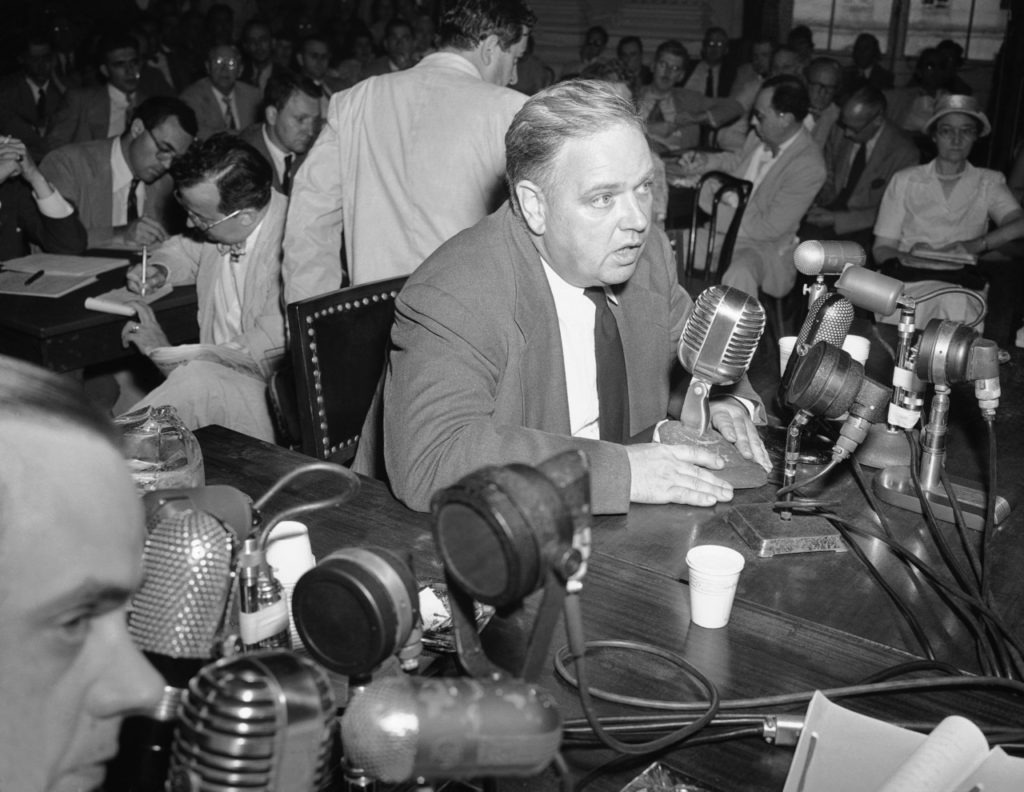 Whittaker Chambers takes his turn on the stand testifying in Washington on August 25, 1948 before the house Un-American activities committee to repeat his accusations that Alger Hiss was a leader in a communist underground back in the middle 30s. (AP Photo/WCA)