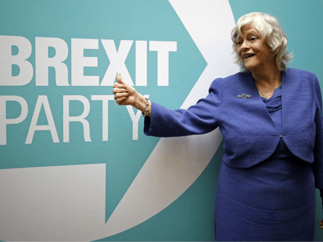 Former Conservative party MP and Brexit Party MEP Ann Widdecombe gestures in front of a Br