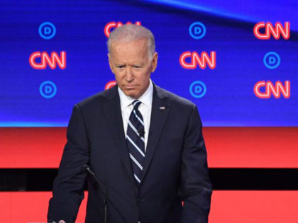 Democratic presidential hopeful former Vice President Joe Biden (L) listens as US Senator from California Kamala Harris speaks during the second round of the second Democratic primary debate of the 2020 presidential campaign season hosted by CNN at the Fox Theatre in Detroit, Michigan on July 31, 2019. (Photo by …
