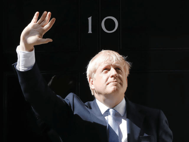 Britain's new Prime Minister Boris Johnson gestures after giving a speech outside 10 Downi