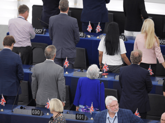 British MEPs Brexit Party turn their backs during the European anthem ahead of the inaugural session at the European Parliament on July 2 , 2019 in Strasbourg, eastern France. (Photo by FREDERICK FLORIN / AFP) (Photo credit should read FREDERICK FLORIN/AFP/Getty Images)