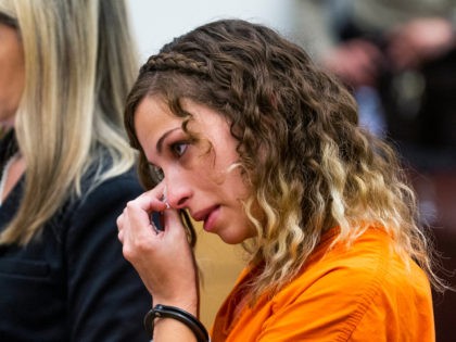 Brittany Zamora wipes away a tear after being sentenced to 20 years in prison in Maricopa County Superior Court in Phoenix, Friday, July 12, 2019. Judge Sherry Stephens also handed down two lifetime terms of probation to the former Goodyear, Arizona, teacher for molesting a 13-year-old student. (Tom Tingle/Arizona Republic …