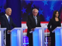 Democratic presidential hopefuls (fromL) former US Vice President Joseph R. Biden Jr., US Senator for Vermont Bernie Sanders and US Senator for California Kamala Harris speak during the second Democratic primary debate of the 2020 presidential campaign season hosted by NBC News at the Adrienne Arsht Center for the Performing …
