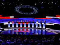 From left, Sen. Michael Bennet, D-Colo., Sen. Kirsten Gillibrand, D-N.Y., former Housing and Urban Development Secretary Julian Castro, Sen. Cory Booker, D-N.J., former Vice President Joe Biden, Sen. Kamala Harris, D-Calif., Andrew Yang, Rep. Tulsi Gabbard, D-Hawaii, Washington Gov. Jay Inslee and New York City Mayor Bill de Blasio participate …