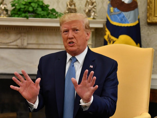 US President Donald Trump speaks during a meeting with Pakistani Prime Minister Imran Khan in the Oval Office at the White House in Washington, DC, on July 22, 2019. (Photo by Nicholas Kamm / AFP) (Photo credit should read NICHOLAS KAMM/AFP/Getty Images)