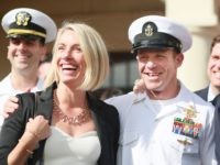 SAN DIEGO, CA - JULY 02:R, Navy Special Operations Chief Edward Gallagher celebrates with his wife Andrea after being acquitted of premeditated murder at Naval Base San Diego July 2, 2019 in San Diego, California. Gallagher was found not guilty in the killing of a wounded Islamic State captive in …