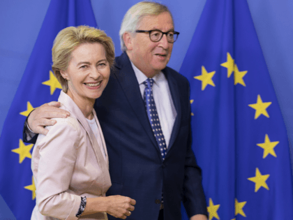 BRUSSELS, BELGIUM - JULY 04: Nominee President of the EU Commission Ursula von der Leyen (L) is welcome by the outgoing President of the European Commission Jean-Claude Juncker (R) in the Berlaymont, the EU Commission headquarter on July 4, 2019 in Brussels, Belgium. (Photo by Thierry Monasse/Getty Images)
