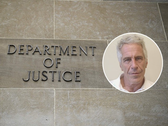 (INSET: Mugshot of Jeffrey Epstein) A sign is seen on the Department of Justice building in Washington, DC on November 7, 2018. - The US attorney general, Jeff Sessions, said he was resigning at the request of President Donald Trump in a move that raises questions over the future of …