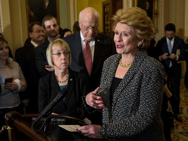 Sen. Debbie Stabenow (D-MI) speaks following a weekly policy luncheon at the Capitol Building on December 11, 2018 in Washington, DC. Also pictured are Sen. Patty Murray (D-WA), and Sen. Patrick Leahy (D-VT). (Photo by Zach Gibson/Getty Images)