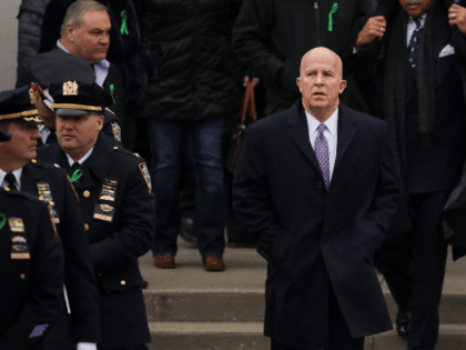 New York City Police Commissioner James P. O'Neill exits the church following the funeral service of fallen NYPD Detective Brian Simonsen at the Church of St. Rosalie, February 20, 2019 in Hampton Bays, New York. Thousands of area police officers and law enforcement personnel attended the funeral. Simonsen was killed …