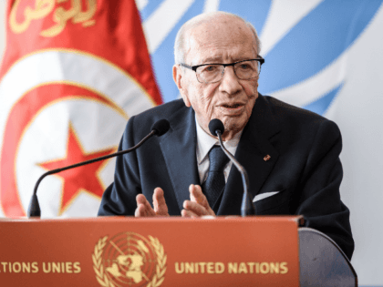 Tunisian President Beji Caid Essebsi gestures as he speaks during a press conference after his speech at the opening day of the 40th session of the United Nations (UN) Human Rights Council on February 25, 2019 in Geneva. (Photo by Fabrice COFFRINI / AFP) (Photo credit should read FABRICE COFFRINI/AFP/Getty …