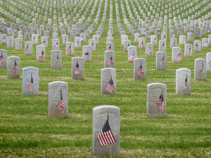 The graves of war veterans are seen during the annual 'Flag Placement Ceremony' to honor the fallen for Memorial Day at the Los Angeles National Cemetery, California on May 25, 2019. - Volunteers placed 88,000 American flags on graves throughout the cemetery in preparation for Memorial Day. (Photo by Mark …