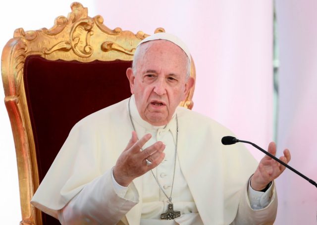 Pope Francis speaks as he concludes a congress titled "Theology after Veritatis Gaudium in