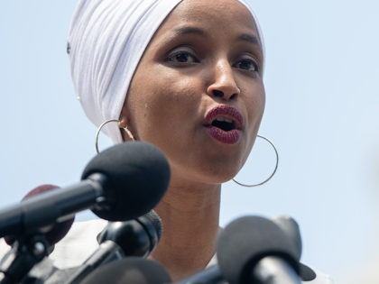 US Representative Ilhan Omar, Democrat of Minnesota, speaks during a press conference to introduce college affordability legislation outside the US Capitol in Washington, DC, June 24, 2019. (Photo by SAUL LOEB / AFP) (Photo credit should read SAUL LOEB/AFP/Getty Images)