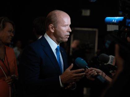 Democratic presidential hopeful former US Representative for Maryland's 6th congressional district John Delaney speaks to the press in the Spin Room after participating in the first Democratic primary debate of the 2020 presidential campaign season hosted by NBC News at the Adrienne Arsht Center for the Performing Arts in Miami, …