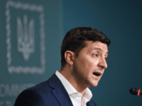 Ukrainian President Volodymyr Zelensky speaks during a press briefing in Kiev on June 27, 2019. - Zelensky on June 27 urged his Russian counterpart Vladimir Putin to release 24 sailors seized last November near the Kerch Strait. (Photo by Sergei SUPINSKY / AFP) (Photo credit should read SERGEI SUPINSKY/AFP/Getty Images)