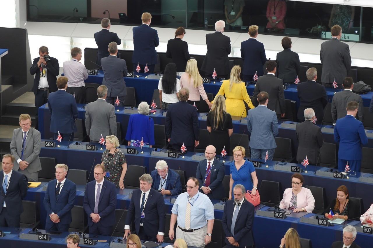 British MEPs Brexit Party turn their backs during the European anthem ahead of the inaugural session at the European Parliament on July 2 , 2019 in Strasbourg, eastern France. (Photo by FREDERICK FLORIN / AFP)        (Photo credit should read FREDERICK FLORIN/AFP/Getty Images)