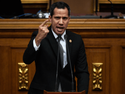 Venezuelan opposition leader and self-proclaimed interim president Juan Guaido speaks duri