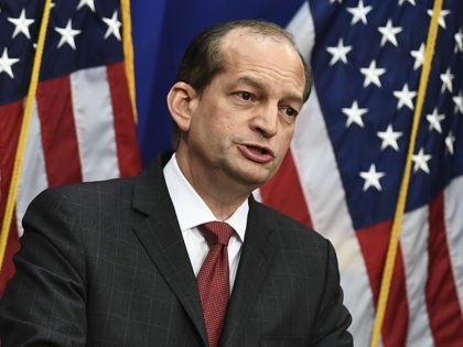 Labor Secretary Alexander Acosta holds a press conference at the US Department of Labor on July 10, 2019 in Washington,DC. - Democratic Party leaders called on July 9, 2019 for the resignation of President Donald Trump's secretary of labor over a secret plea deal he made a decade ago with …