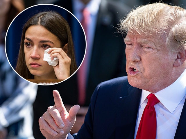 (INSET: Alexandria Ocasio-Cortez) US President Donald Trump makes a point during a press conference with US Labor Secretary Alexander Acosta early July 12, 2019 at the White House in Washington, DC. - Alex Acosta announced his resignation as US labor secretary Friday, amid criticism of a secret plea deal he …