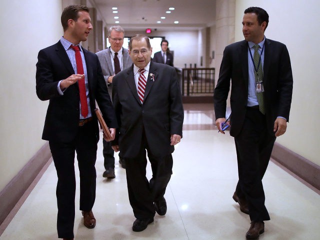 WASHINGTON, DC - JUNE 11: House Judiciary Committee Chairman Jerrold Nadler (D-NY) (C) leaves a news conference at the U.S. Capitol June 11, 2019 in Washington, DC. The House passed a resolution Tuesday taht grants the Judiciary Committee the power to petition a federal judge to force Attorney General William …