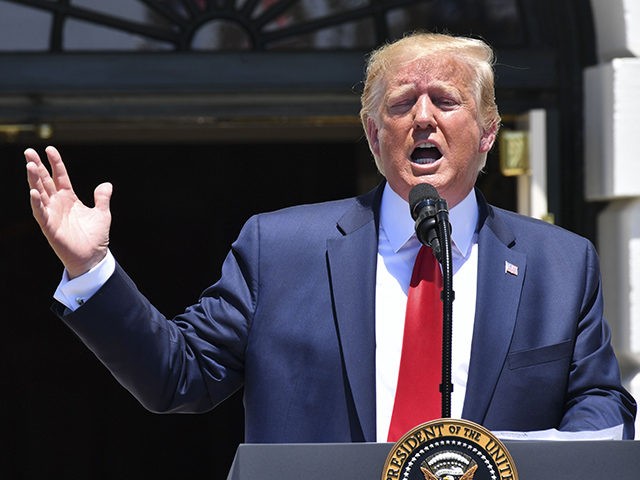 US President Donald Trump takes part in the 3rd Annual Made in America Product Showcase on the South Lawn at the White House in Washington, DC, on July 15, 2019. (Photo by Nicholas Kamm / AFP) (Photo credit should read NICHOLAS KAMM/AFP/Getty Images)