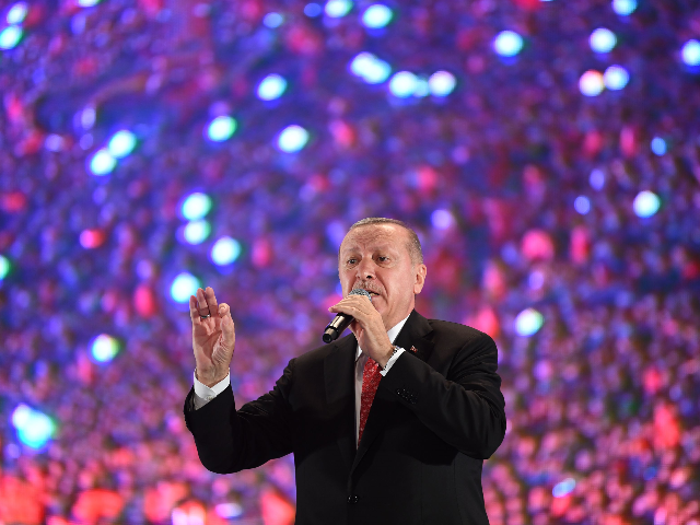 Turkish president Recep Tayyip Erdogan speaks during a third anniversary commemoration ral