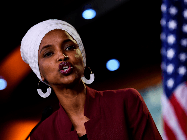 US Representatives Ilhan Abdullahi Omar (D-MN) speaks during a press conference, to address remarks made by US President Donald Trump earlier in the day, at the US Capitol in Washington, DC on July 15, 2019. - President Donald Trump stepped up his attacks on four progressive Democratic congresswomen, saying if …