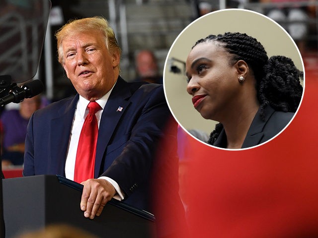 (INSET: Rep. Ayanna Pressley, D-MA) US President Donald Trump speaks at a "Make America Great Again" rally at Minges Coliseum in Greenville, North Carolina, on July 17, 2019. (Photo by Nicholas Kamm / AFP) (Photo credit should read NICHOLAS KAMM/AFP/Getty Images)