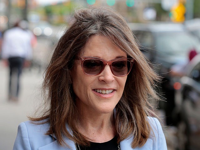 Democrat President hopeful Marianne Williamson speaks outside the Fox Theatre on July 30, 2019 in Detroit, Michigan. - Democratic presidential candidates will debate in Detroit July 30 and 31. (Photo by JEFF KOWALSKY / AFP) (Photo credit should read JEFF KOWALSKY/AFP/Getty Images)