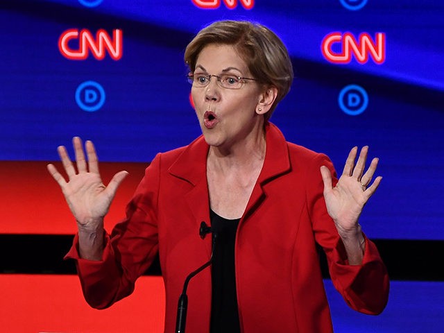 Democratic presidential hopeful US Senator from Massachusetts Elizabeth Warren gestures as she speaks during the first round of the second Democratic primary debate of the 2020 presidential campaign season hosted by CNN at the Fox Theatre in Detroit, Michigan on July 30, 2019. (Photo by Brendan Smialowski / AFP) (Photo …